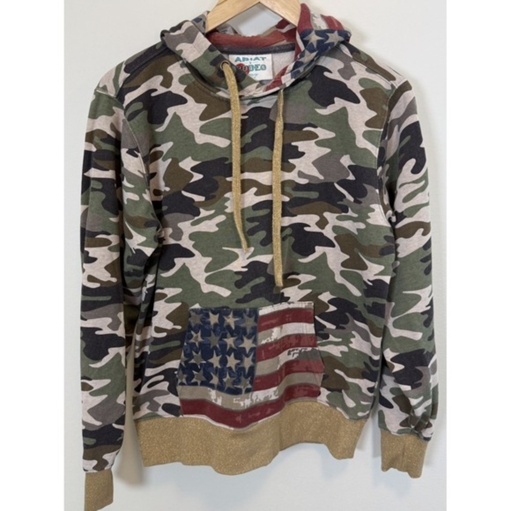 Ariat Rodeo Quincy Camo Hoodie USA Flag Gold Trim Women's Small Pullover